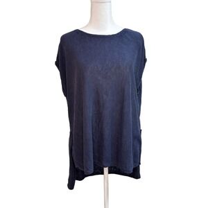 Eileen Fisher Navy Blue Knit High Low Tunic Sheer Top Small S/P
